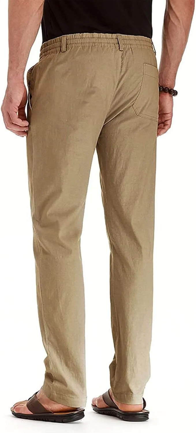 Mens Work Pants Drawstring Elastic Waist Business Casual Trousers Loose Straight Leg Summer Pull On Pants with Pocket