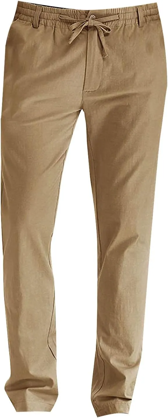 Mens Work Pants Drawstring Elastic Waist Business Casual Trousers Loose Straight Leg Summer Pull On Pants with Pocket