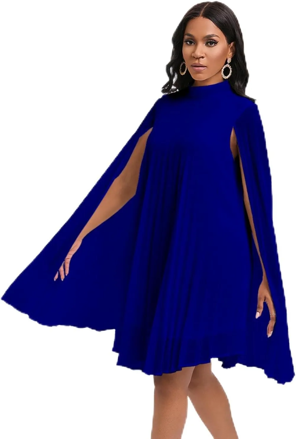 Meufam Womens Cloak Sleeve Dress Cape Sleeve Pleated Loose Fit Cocktail Party Flowy Dress for Cocktail Party
