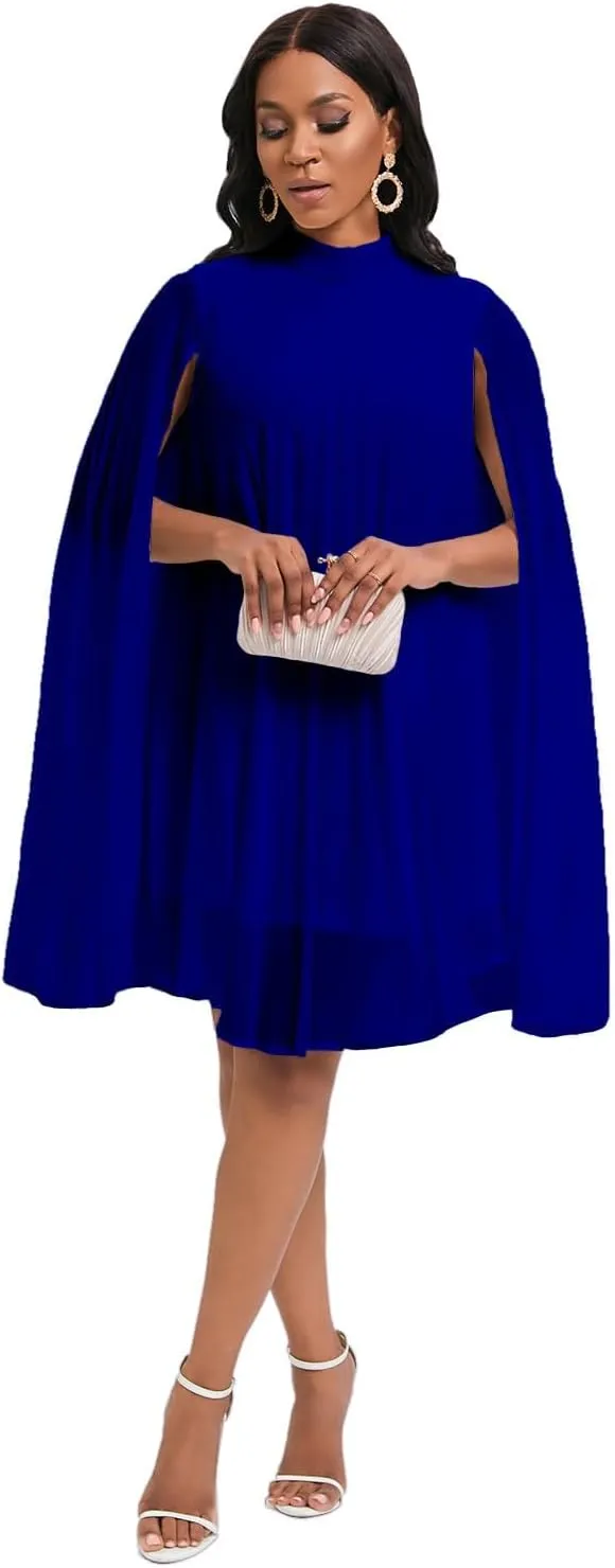 Meufam Womens Cloak Sleeve Dress Cape Sleeve Pleated Loose Fit Cocktail Party Flowy Dress for Cocktail Party