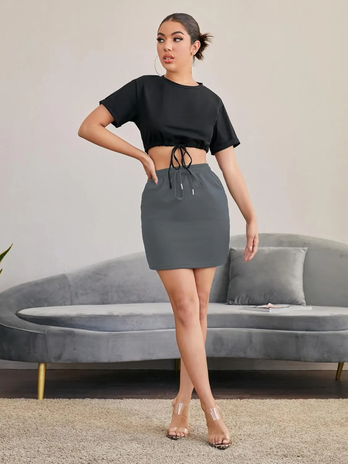 Milumia Women Casual High Waist Mini Skirt Drawstring Workout Skirt with Pocket
