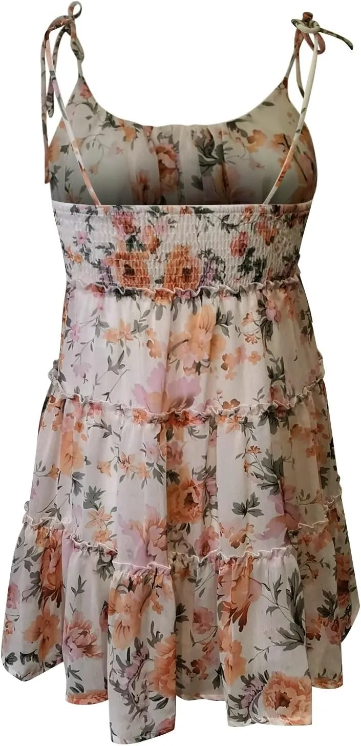 Mini Chiffon Dresses for Women Summer Tiered Ruffle Spaghetti Strap Dress Sleeveless Ditsy Floral Dress Boho Sundress