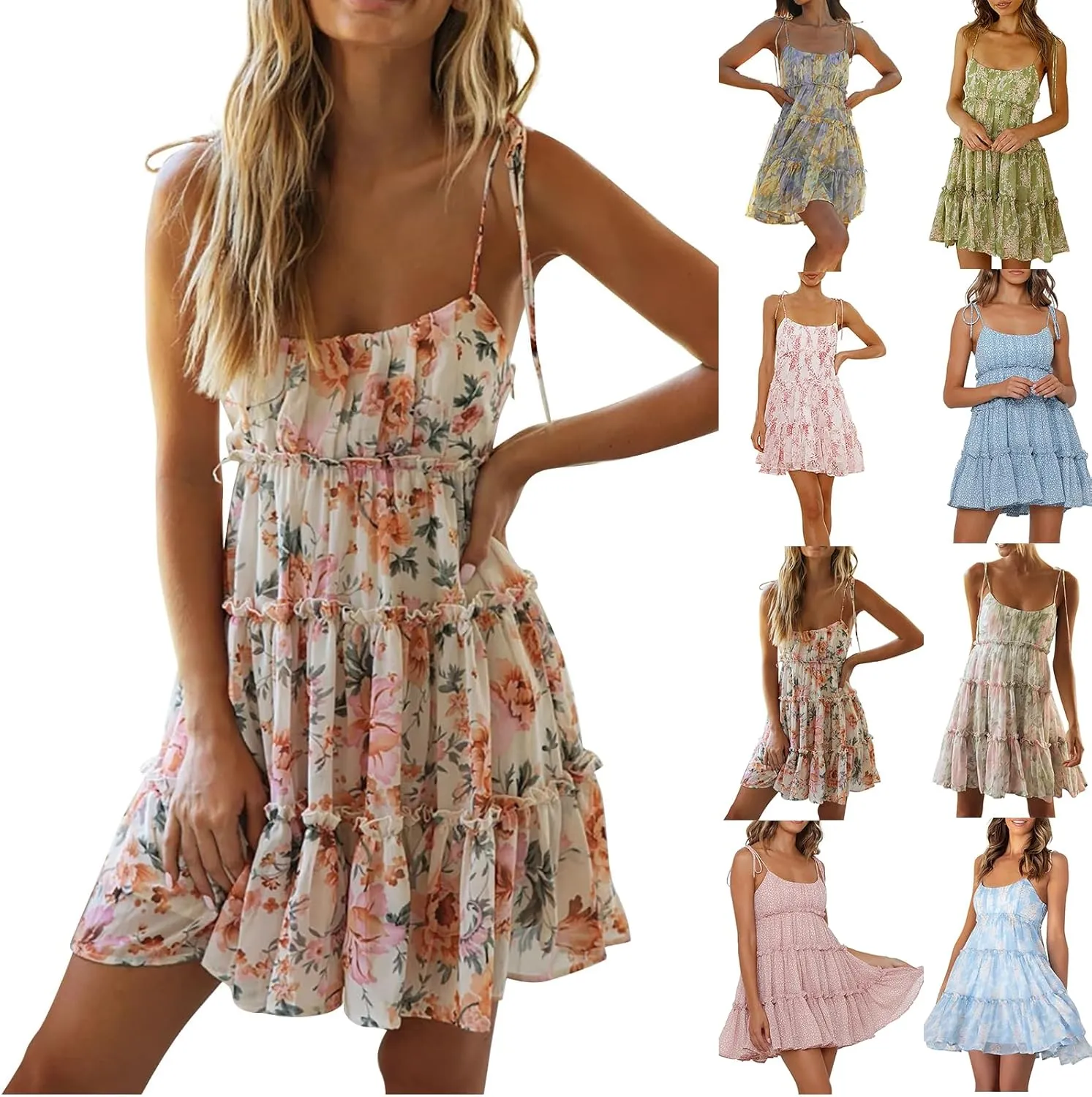 Mini Chiffon Dresses for Women Summer Tiered Ruffle Spaghetti Strap Dress Sleeveless Ditsy Floral Dress Boho Sundress