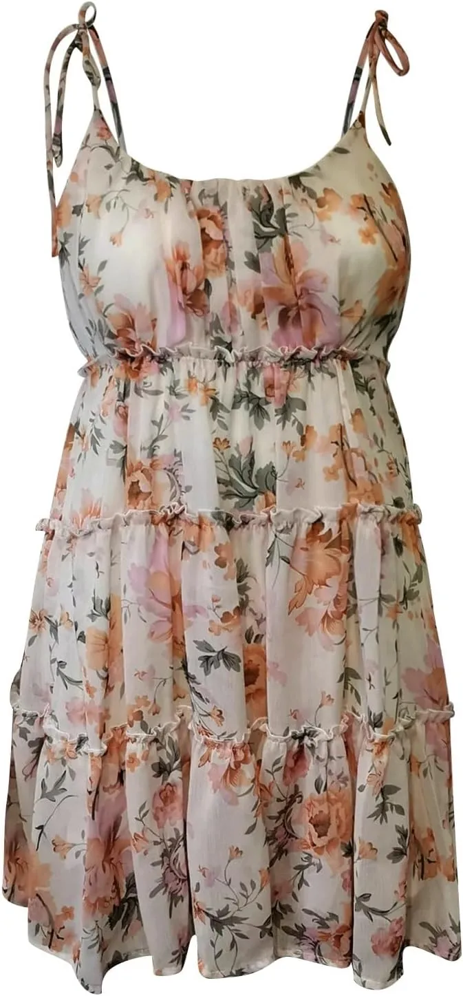 Mini Chiffon Dresses for Women Summer Tiered Ruffle Spaghetti Strap Dress Sleeveless Ditsy Floral Dress Boho Sundress