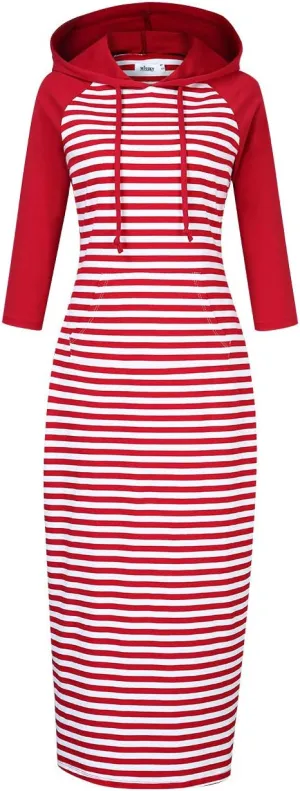 MISSKY Women's Casual Pocket Slim Pullover Maxi Hoodie Dress