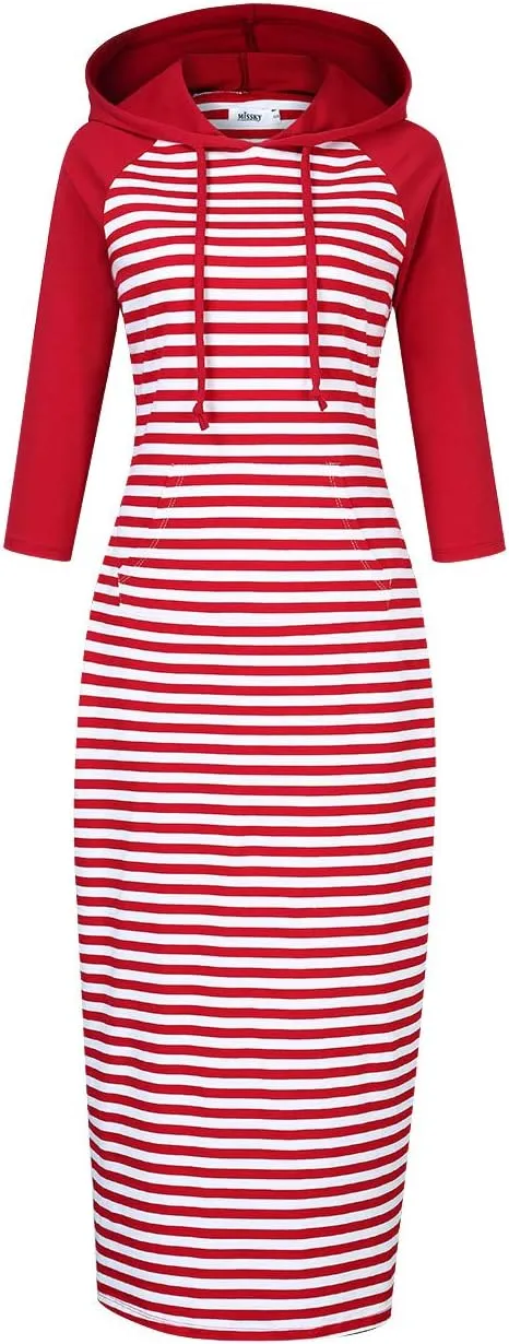 MISSKY Women's Casual Pocket Slim Pullover Maxi Hoodie Dress