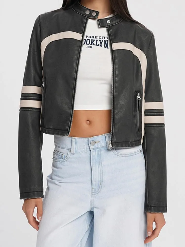 Molilove Leather Jacket Cropped Jacket Motorcycle Jacket for Women Zip Bomber Jacket Women Faux Leather Jacket with Pockets