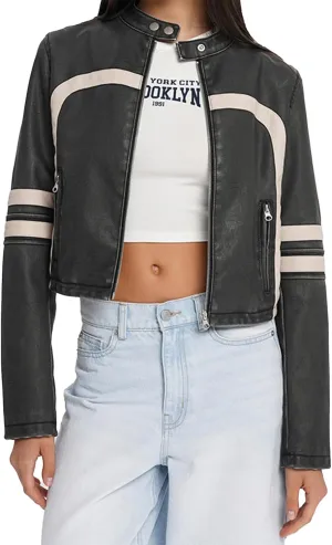 Molilove Leather Jacket Cropped Jacket Motorcycle Jacket for Women Zip Bomber Jacket Women Faux Leather Jacket with Pockets
