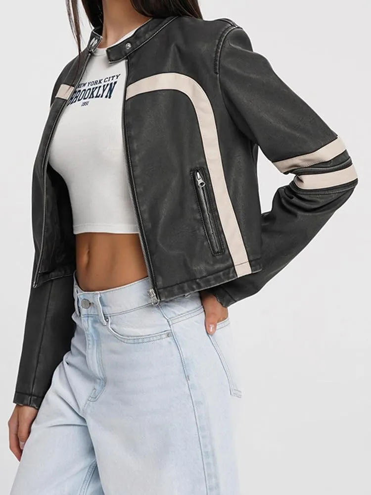 Molilove Leather Jacket Cropped Jacket Motorcycle Jacket for Women Zip Bomber Jacket Women Faux Leather Jacket with Pockets