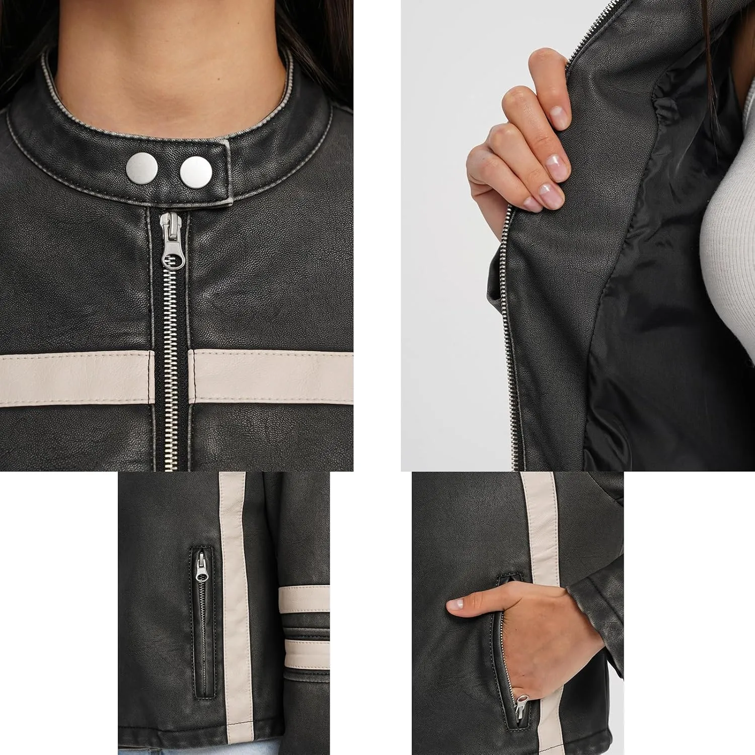 Molilove Leather Jacket Cropped Jacket Motorcycle Jacket for Women Zip Bomber Jacket Women Faux Leather Jacket with Pockets