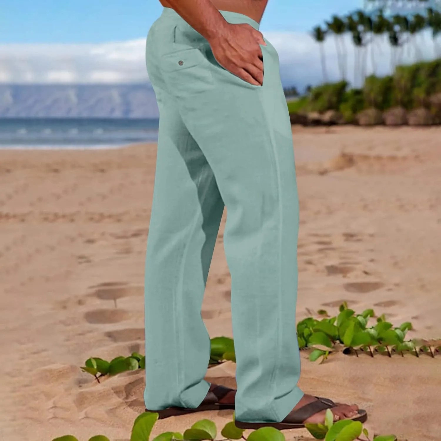 Muscularfit Mens Linen Pants Casual Elastic Waist Solid Straight Legs Big and Tall Drawstring Trousers Loose Fit Work Pant