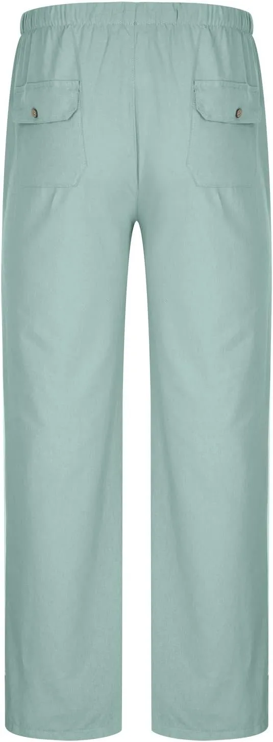 Muscularfit Mens Linen Pants Casual Elastic Waist Solid Straight Legs Big and Tall Drawstring Trousers Loose Fit Work Pant