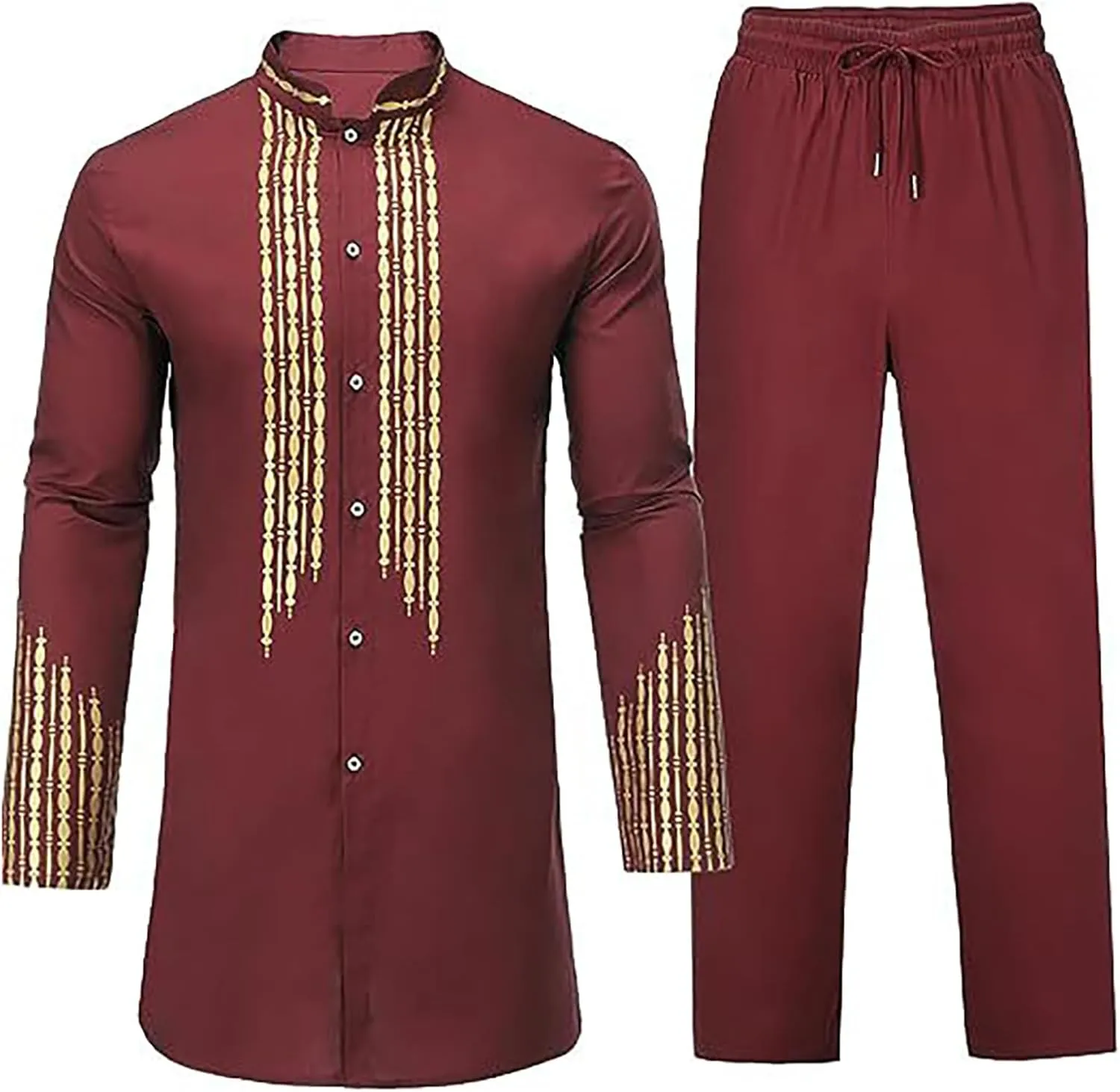 Muslim Clothes for Men 2 Piece Set Muslim Gown Shirt Set Graphic Casual Long Sleeve Kaftan Robe Henley Shirts & Pants