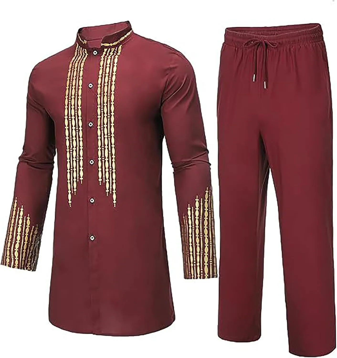 Muslim Clothes for Men 2 Piece Set Muslim Gown Shirt Set Graphic Casual Long Sleeve Kaftan Robe Henley Shirts & Pants