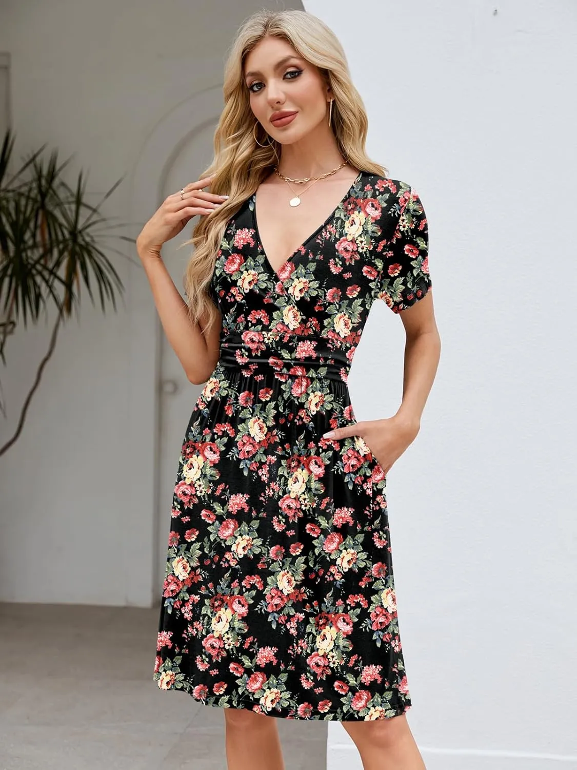 Naggoo Womens Summer Dresses for Women 2025 Spring Floral Short Sundress Short Sleeve Wrap V Neck Casual Dress with Pockets