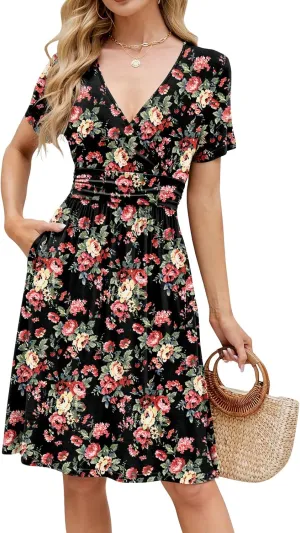 Naggoo Womens Summer Dresses for Women 2025 Spring Floral Short Sundress Short Sleeve Wrap V Neck Casual Dress with Pockets