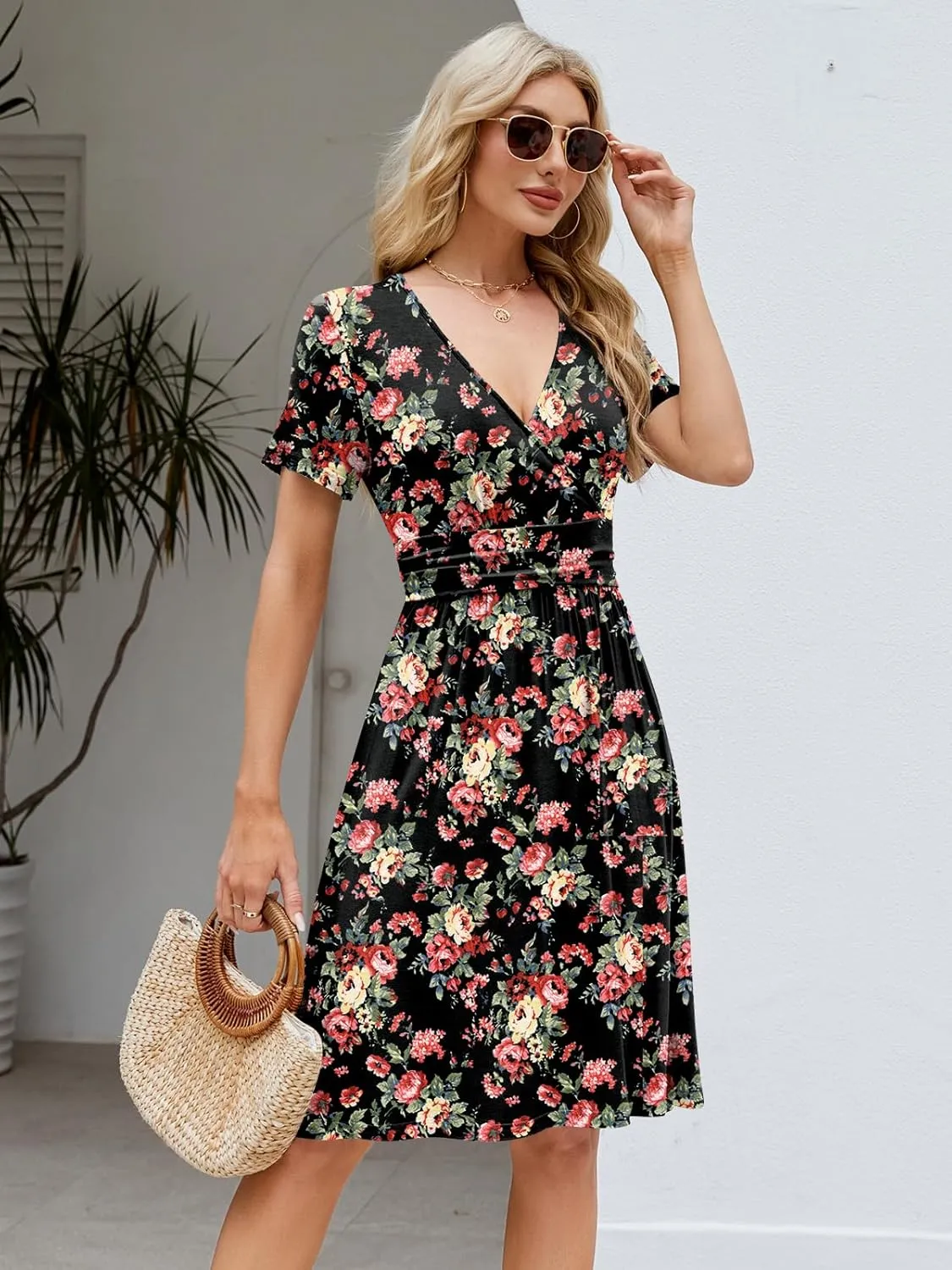 Naggoo Womens Summer Dresses for Women 2025 Spring Floral Short Sundress Short Sleeve Wrap V Neck Casual Dress with Pockets