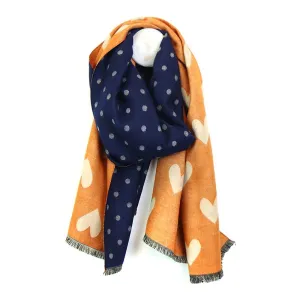 Navy Polka dot & Orange Heart - Reversible Scarf