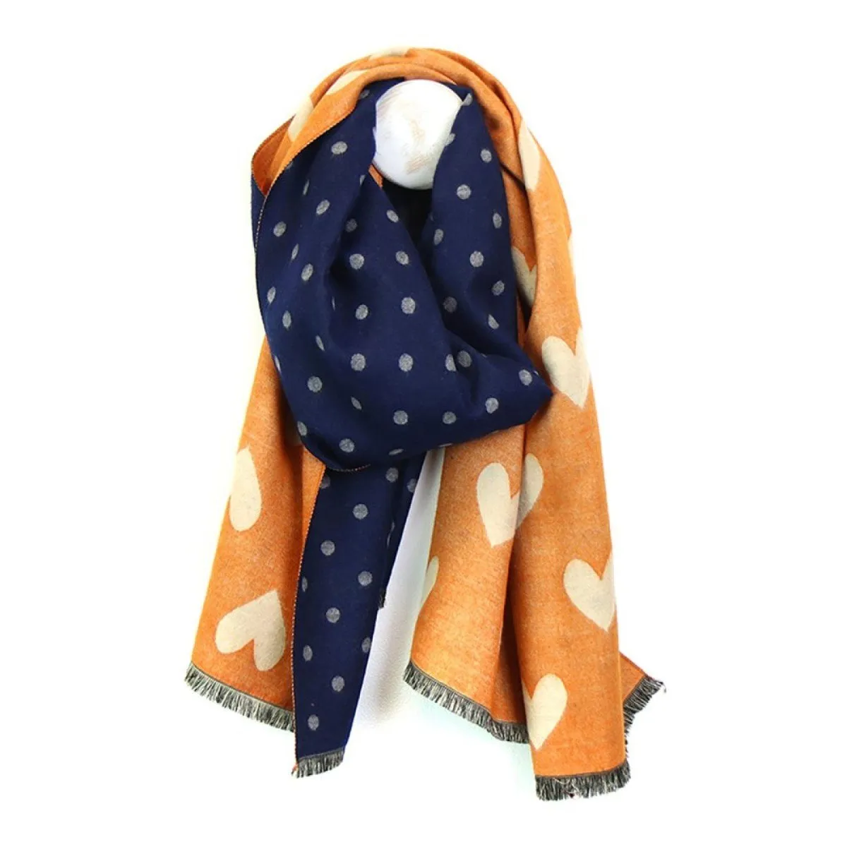 Navy Polka dot & Orange Heart - Reversible Scarf
