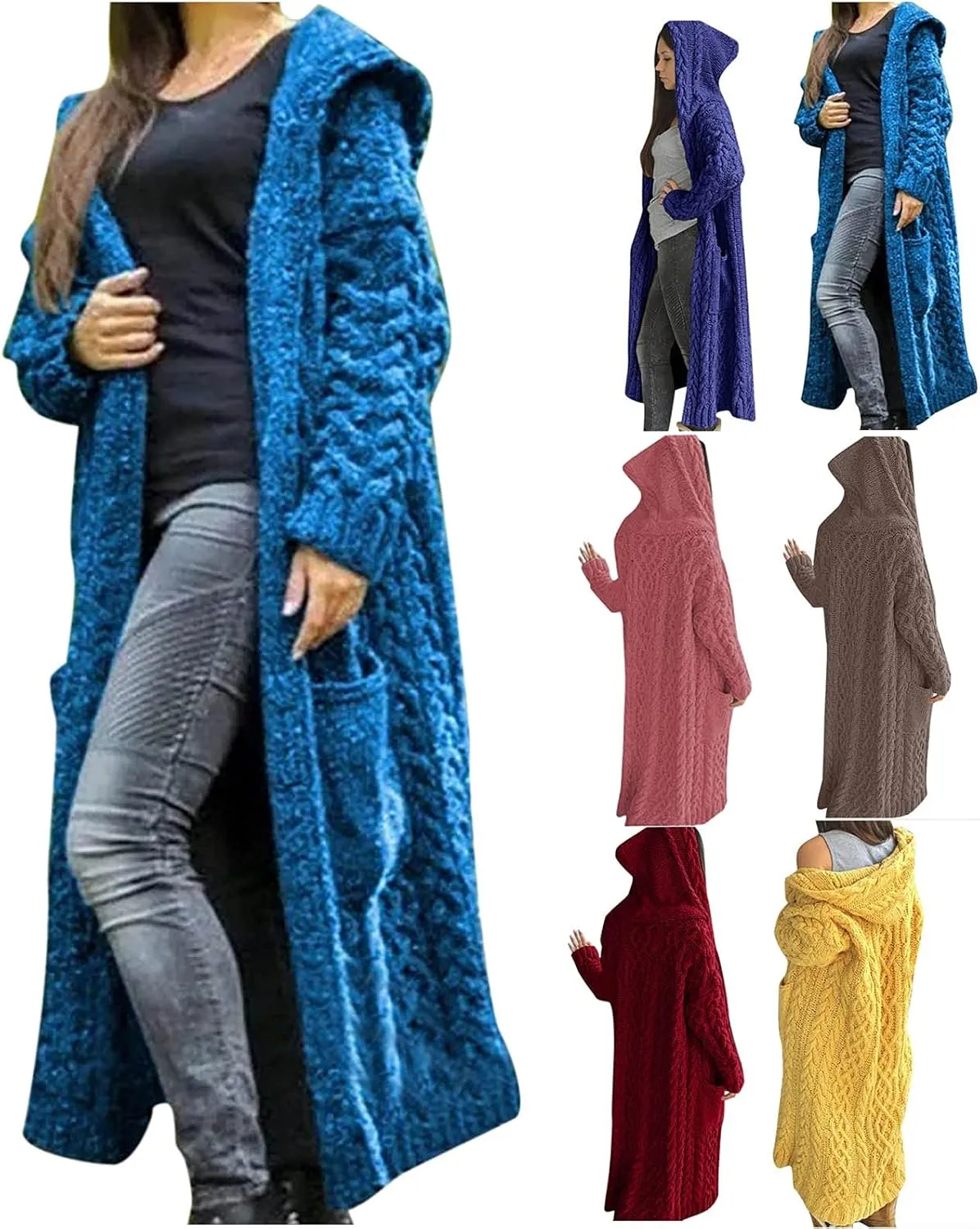 nerohusy Women's Long Cardigan Coats Cable Knit Sweaters Casual Open Front Long Sleeve Outerwear Loose Sweater with Pockets