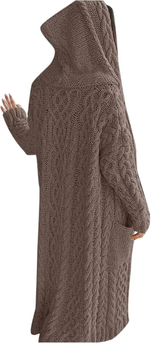 nerohusy Women's Long Cardigan Coats Cable Knit Sweaters Casual Open Front Long Sleeve Outerwear Loose Sweater with Pockets