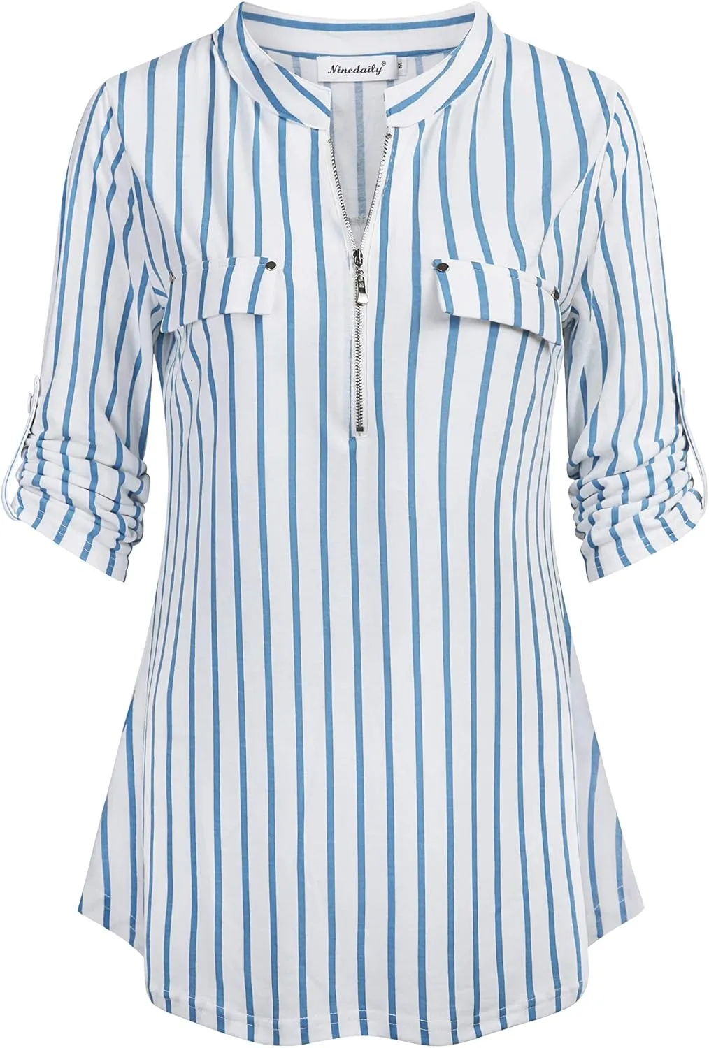 Ninedaily Women's 3/4 Sleeve Plaid Shirts Zip Floral Casual Tunic Blouse Tops