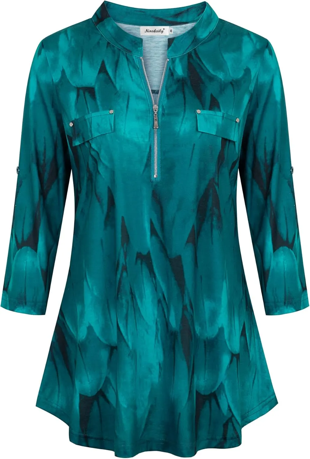 Ninedaily Women's 3/4 Sleeve Plaid Shirts Zip Floral Casual Tunic Blouse Tops