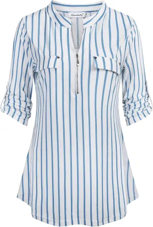 Ninedaily Women's 3/4 Sleeve Plaid Shirts Zip Floral Casual Tunic Blouse Tops