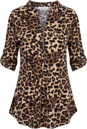 Ninedaily Women's 3/4 Sleeve Plaid Shirts Zip Floral Casual Tunic Blouse Tops