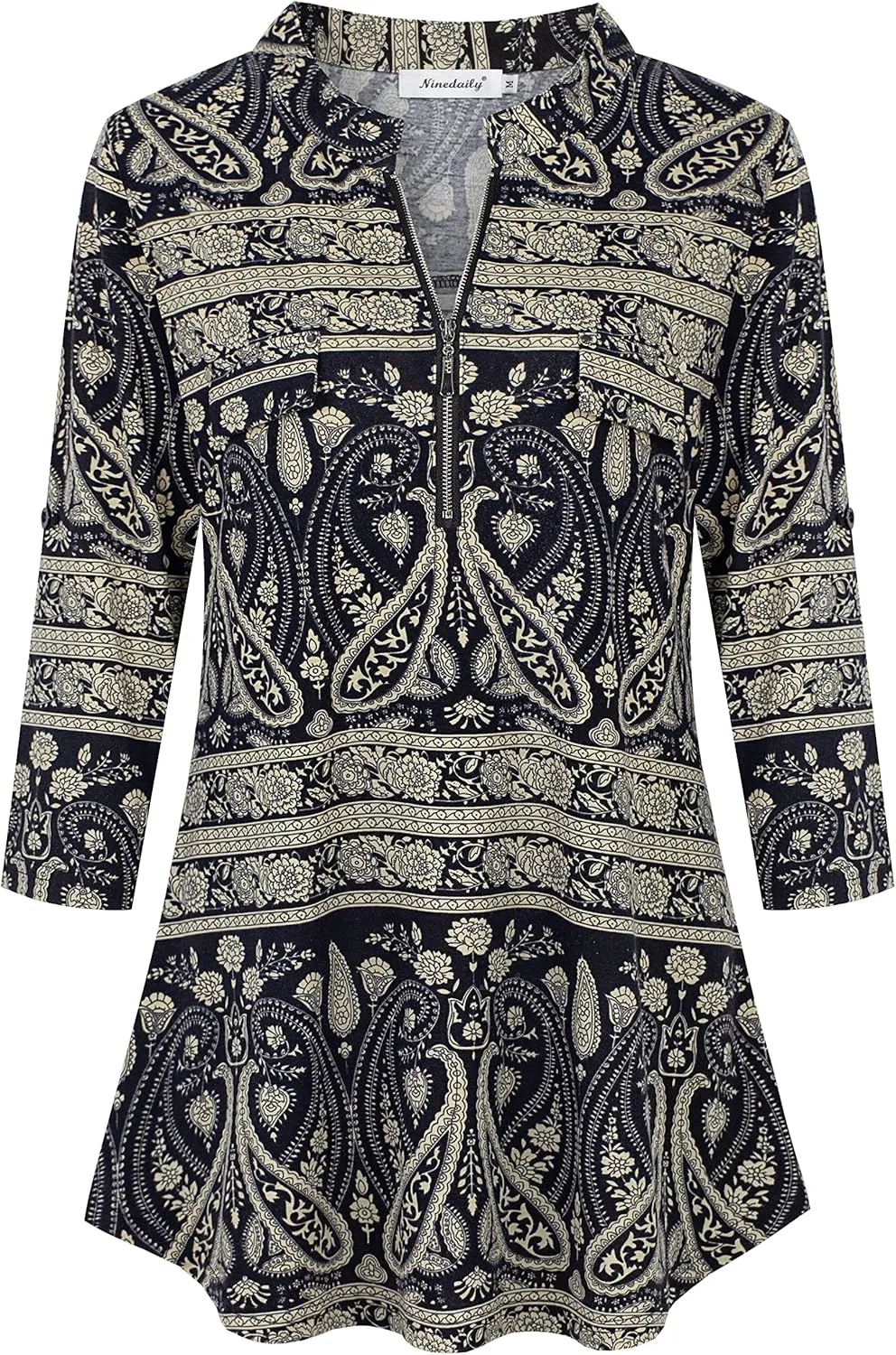 Ninedaily Women's 3/4 Sleeve Plaid Shirts Zip Floral Casual Tunic Blouse Tops
