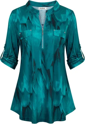 Ninedaily Women's 3/4 Sleeve Plaid Shirts Zip Floral Casual Tunic Blouse Tops