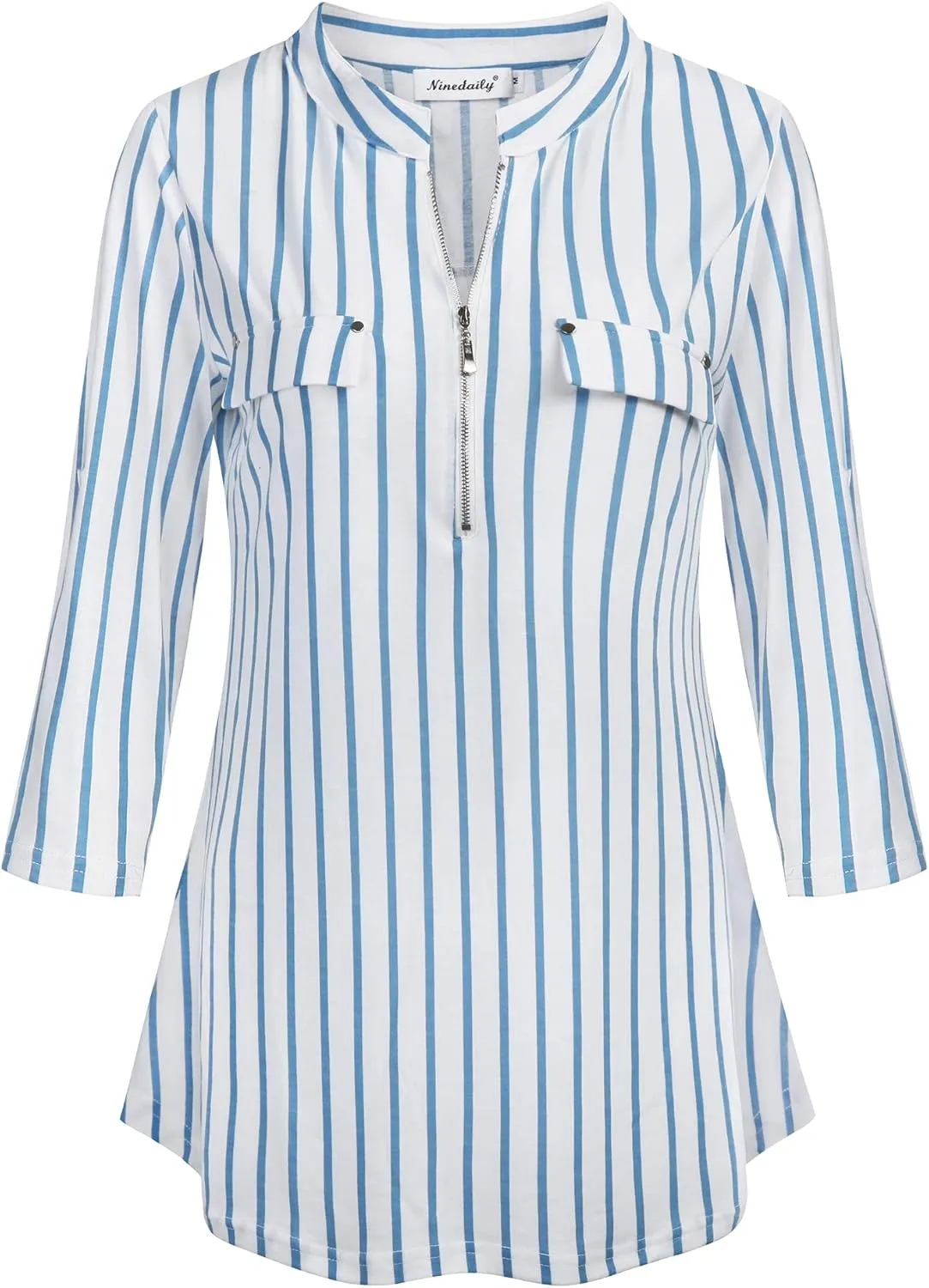Ninedaily Women's 3/4 Sleeve Plaid Shirts Zip Floral Casual Tunic Blouse Tops