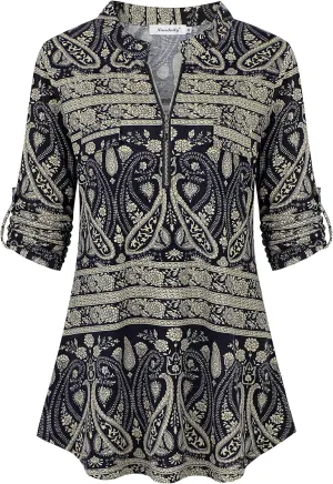 Ninedaily Women's 3/4 Sleeve Plaid Shirts Zip Floral Casual Tunic Blouse Tops