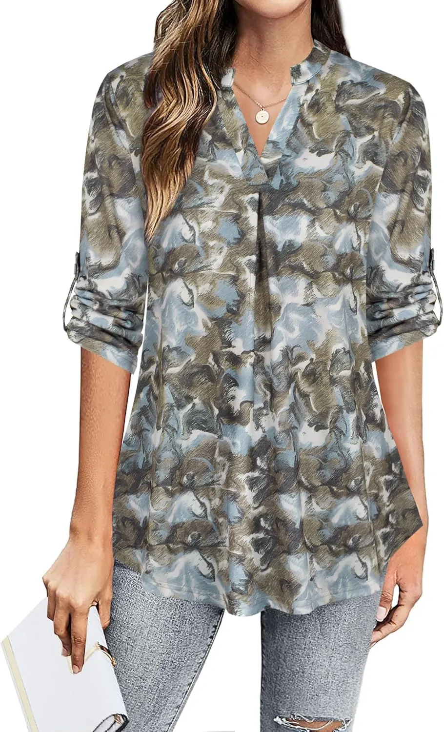 Ninedaily Womens Tops Dressy Casual 3/4 Sleeve V Neck Chiffon Shirt Work Blouses