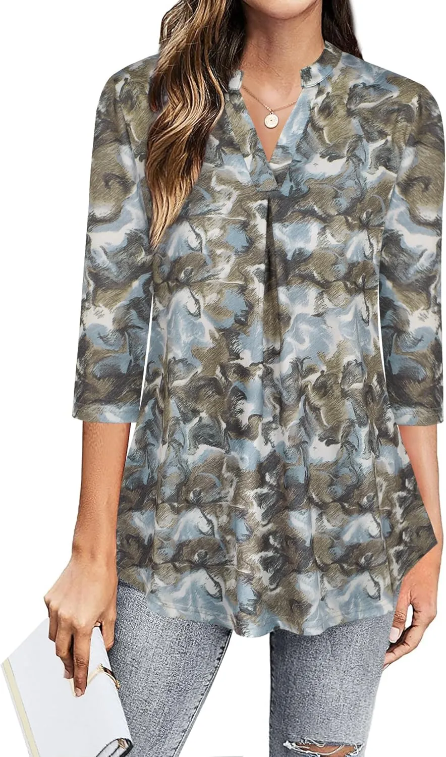Ninedaily Womens Tops Dressy Casual 3/4 Sleeve V Neck Chiffon Shirt Work Blouses