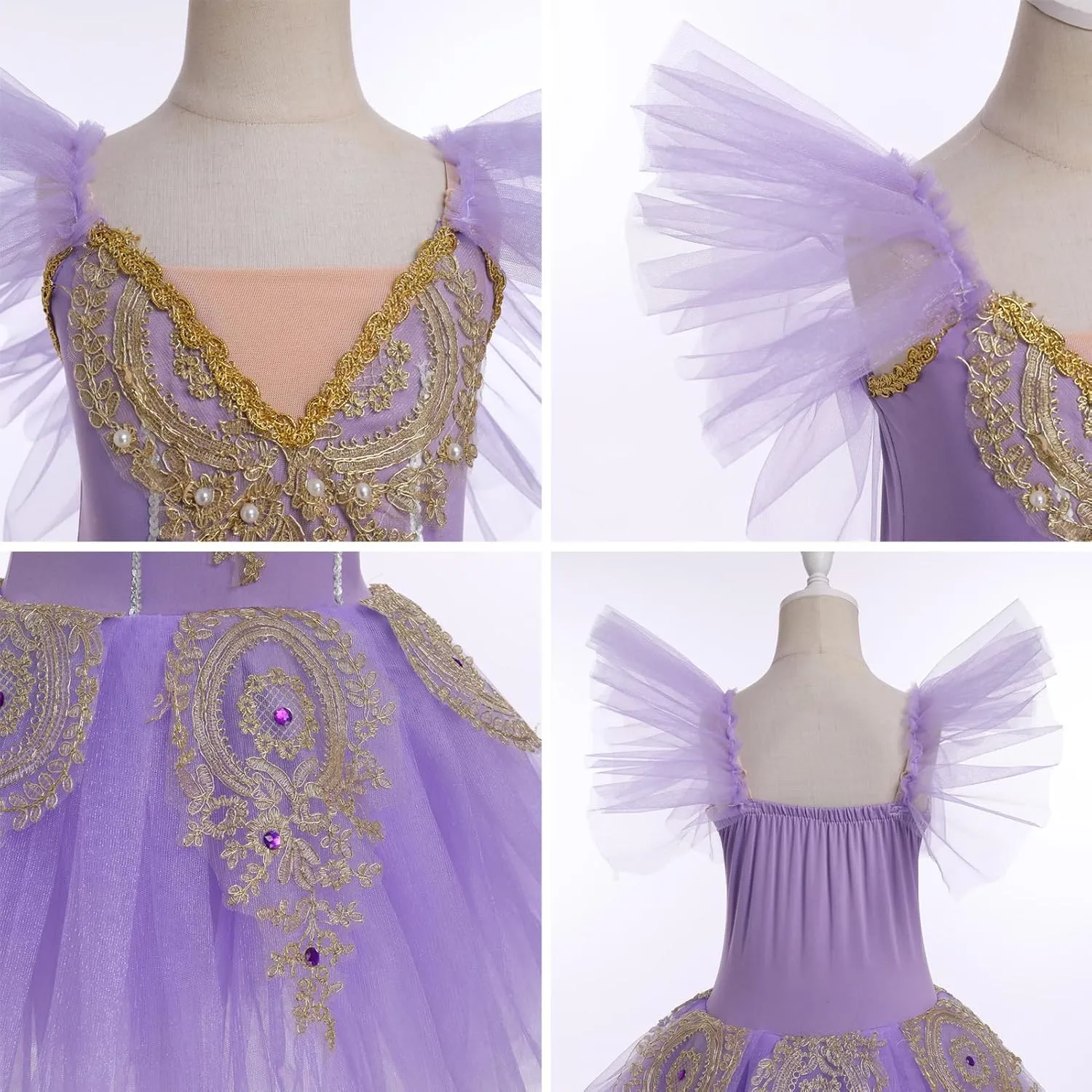ODASDO Ballet Leotard for Girls Mesh Flutter Sleeve Princess Tutu Dress Kids Stage Performance Ballerina Dress Up