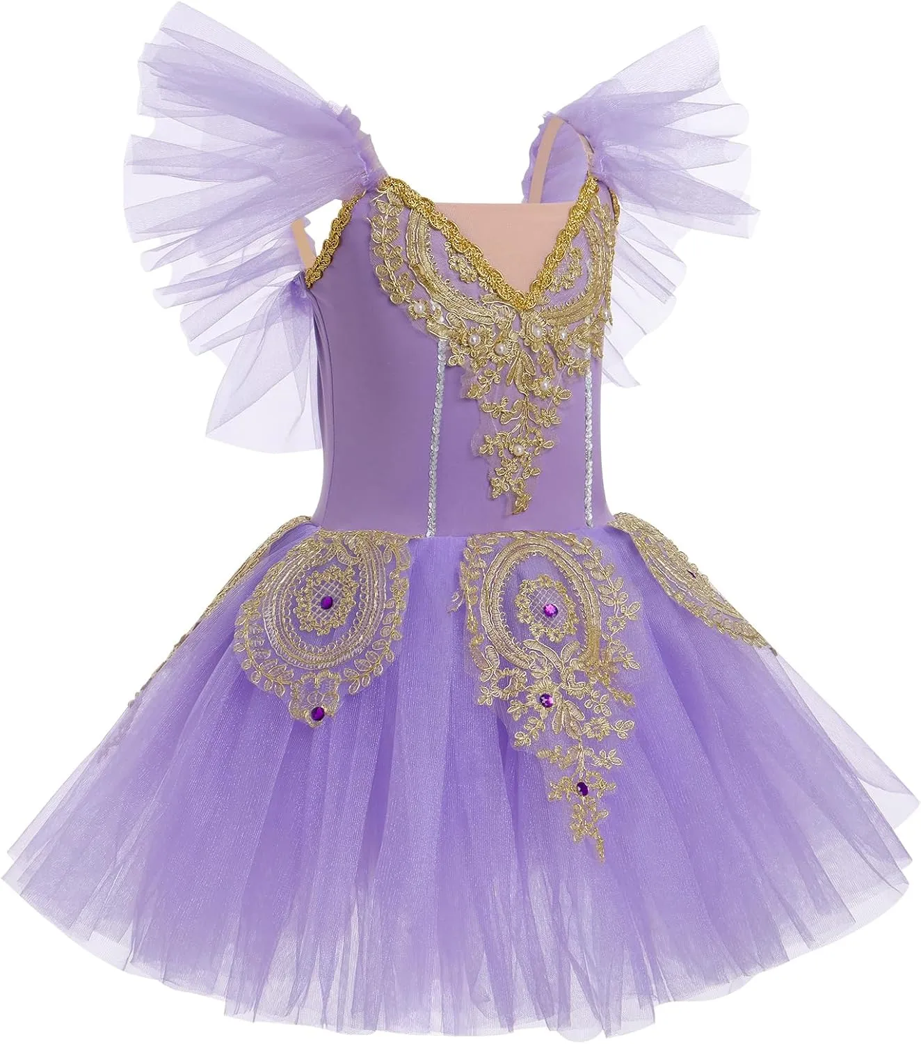ODASDO Ballet Leotard for Girls Mesh Flutter Sleeve Princess Tutu Dress Kids Stage Performance Ballerina Dress Up