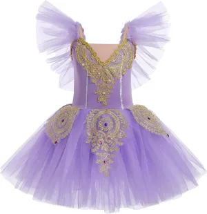 ODASDO Ballet Leotard for Girls Mesh Flutter Sleeve Princess Tutu Dress Kids Stage Performance Ballerina Dress Up