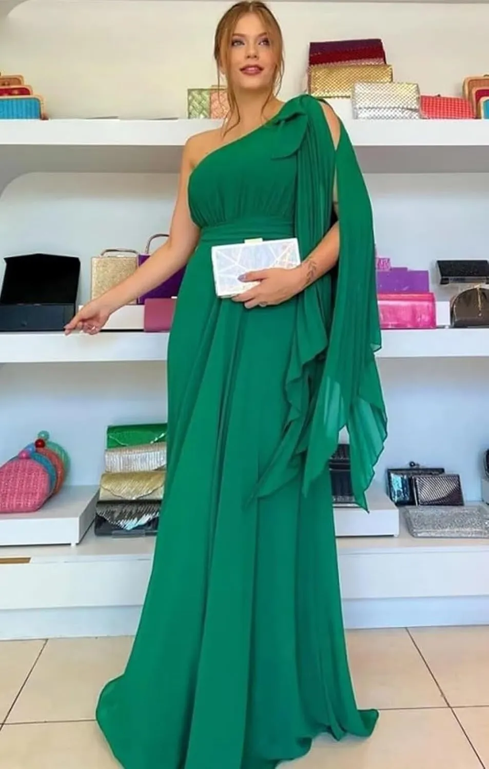 OFEYCHUN One Shoulder Bridesmaid Dresses for Women Chiffon Formal Dresses Long Evening Gown with Bow