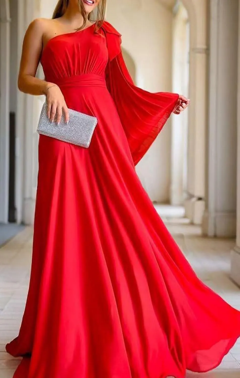 OFEYCHUN One Shoulder Bridesmaid Dresses for Women Chiffon Formal Dresses Long Evening Gown with Bow