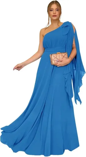 OFEYCHUN One Shoulder Bridesmaid Dresses for Women Chiffon Formal Dresses Long Evening Gown with Bow