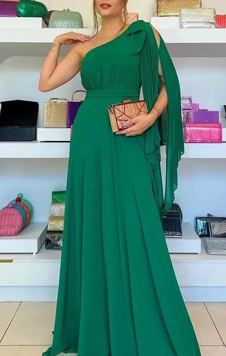 OFEYCHUN One Shoulder Bridesmaid Dresses for Women Chiffon Formal Dresses Long Evening Gown with Bow