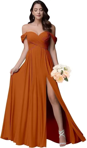 Off The Shoulder Bridesmaid Dresses Chiffon Formal Evening Dress with Slit A Line Long Pleated Prom Dress
