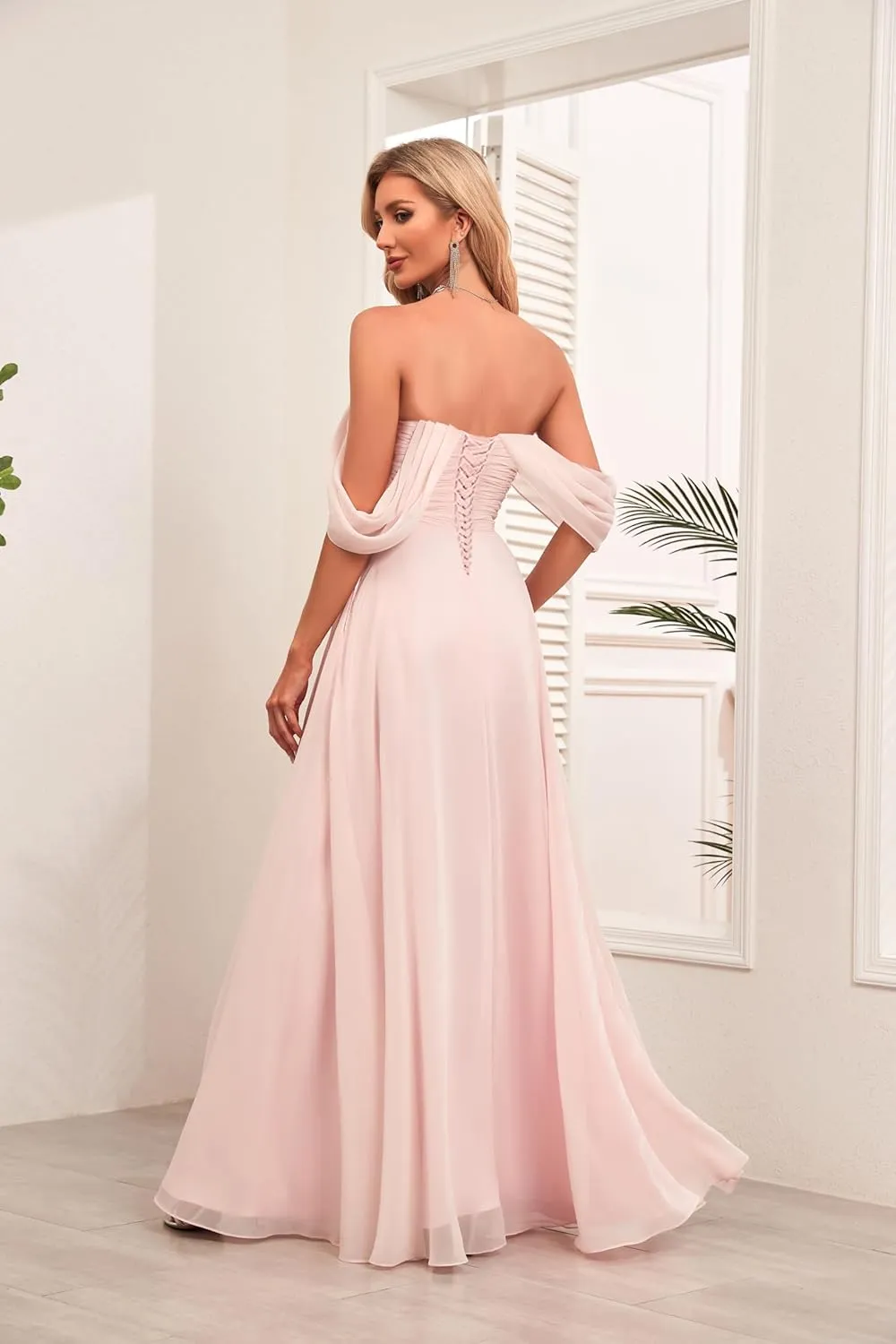 Off The Shoulder Bridesmaid Dresses Chiffon Prom Dress A Line Slit Evening Party Dress with Pockets for Women HS063