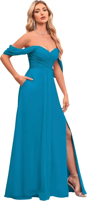 Off The Shoulder Bridesmaid Dresses Chiffon Prom Dress A Line Slit Evening Party Dress with Pockets for Women HS063