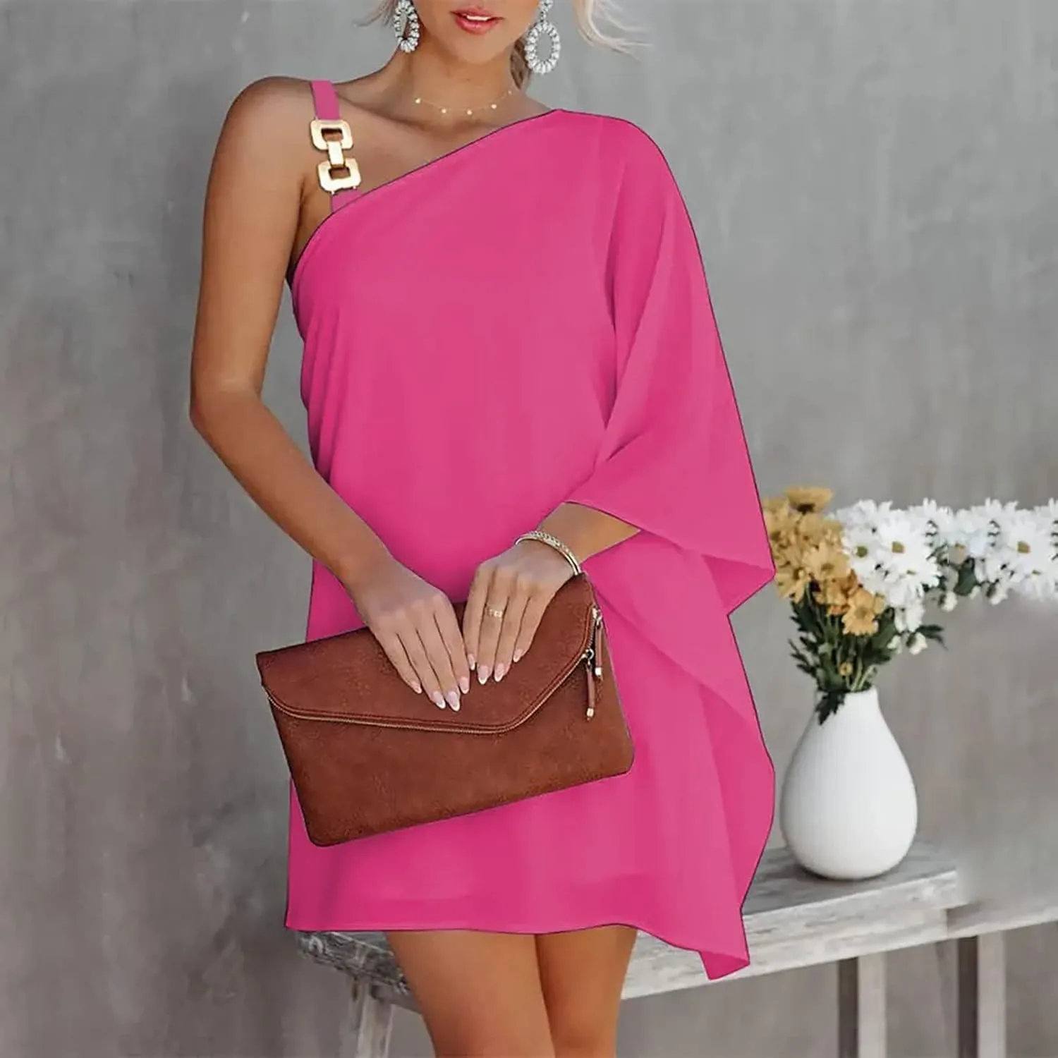 One Shoulder Dresses for Women,2024 Spring Summer Casual Batwing Sleeve Cocktail Dress,Vintage Graphic Party Dress