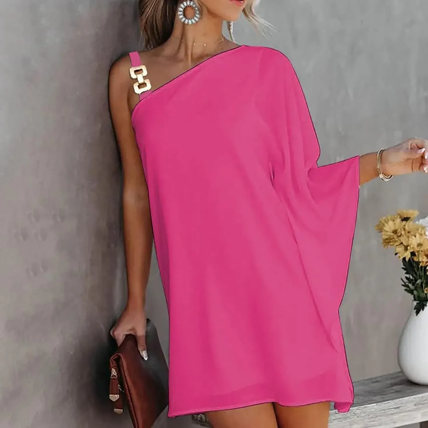 One Shoulder Dresses for Women,2024 Spring Summer Casual Batwing Sleeve Cocktail Dress,Vintage Graphic Party Dress