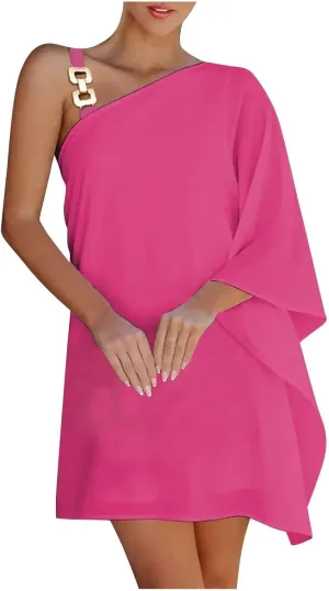One Shoulder Dresses for Women,2024 Spring Summer Casual Batwing Sleeve Cocktail Dress,Vintage Graphic Party Dress