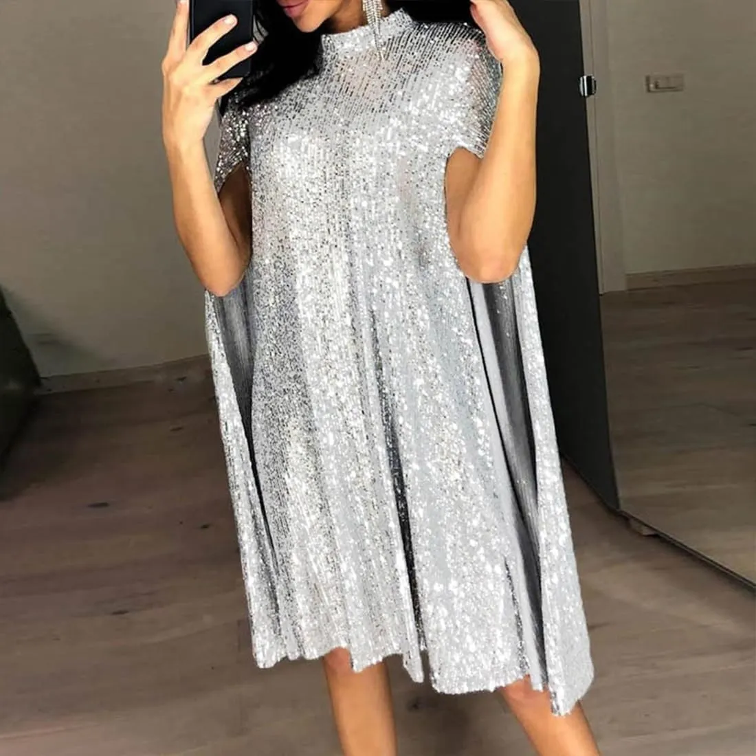 ONLYWOOD Womens Glitter Sequin Prom Trendy Mock Neck Cloak Cape Sleeve Keyhole Pleated Split Short Flowy Swing Party Dress