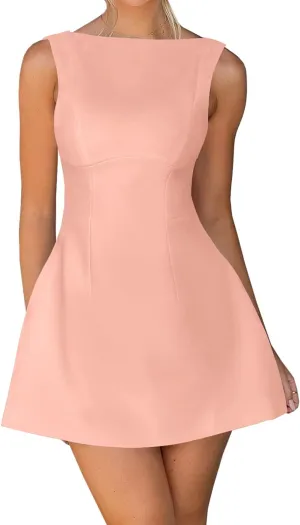 OWIN Womens Summer Casual Boat Neck Sleeveless Elegant Flared A Line Swing Club Cocktail Party Short Mini Dress